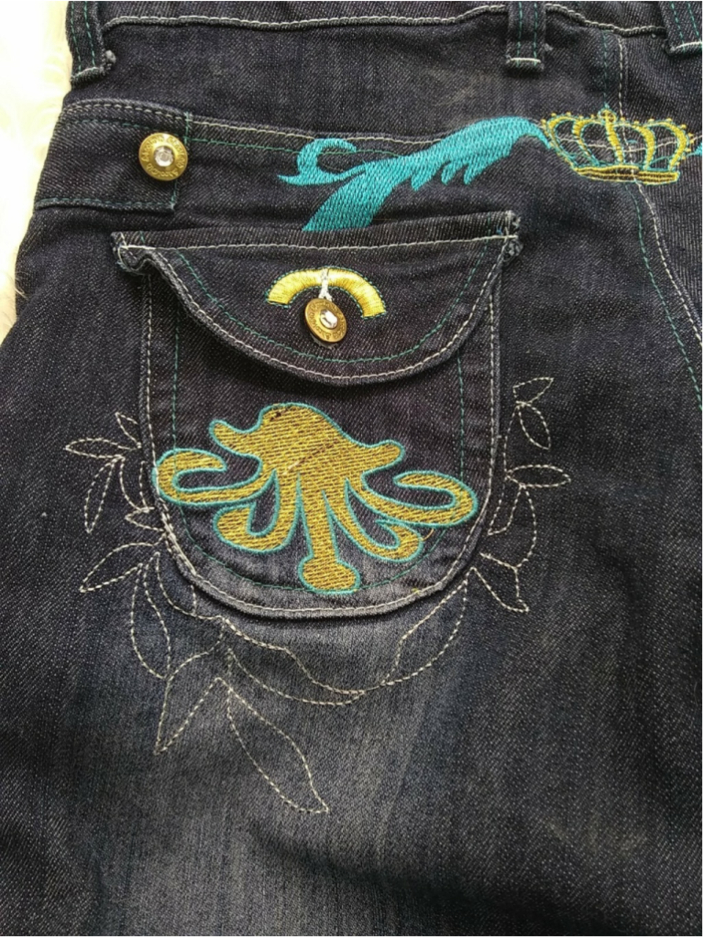 OLD SKOOL Womens Juniors Denim Jeans SIZE 15 Embellished Teal & Gray Stitching